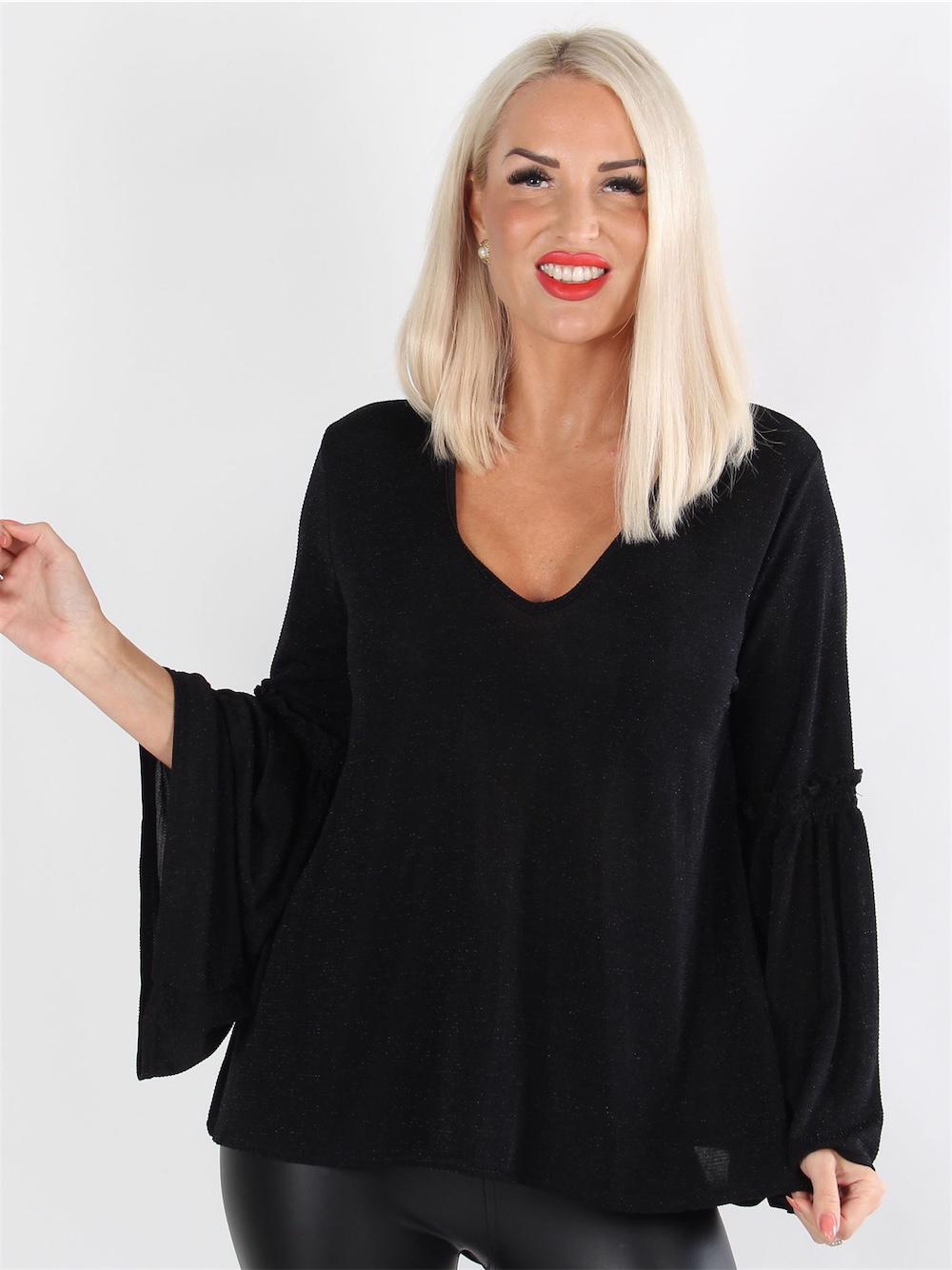 Alba - Sort bluse med vidde ærmer og v-udskæring